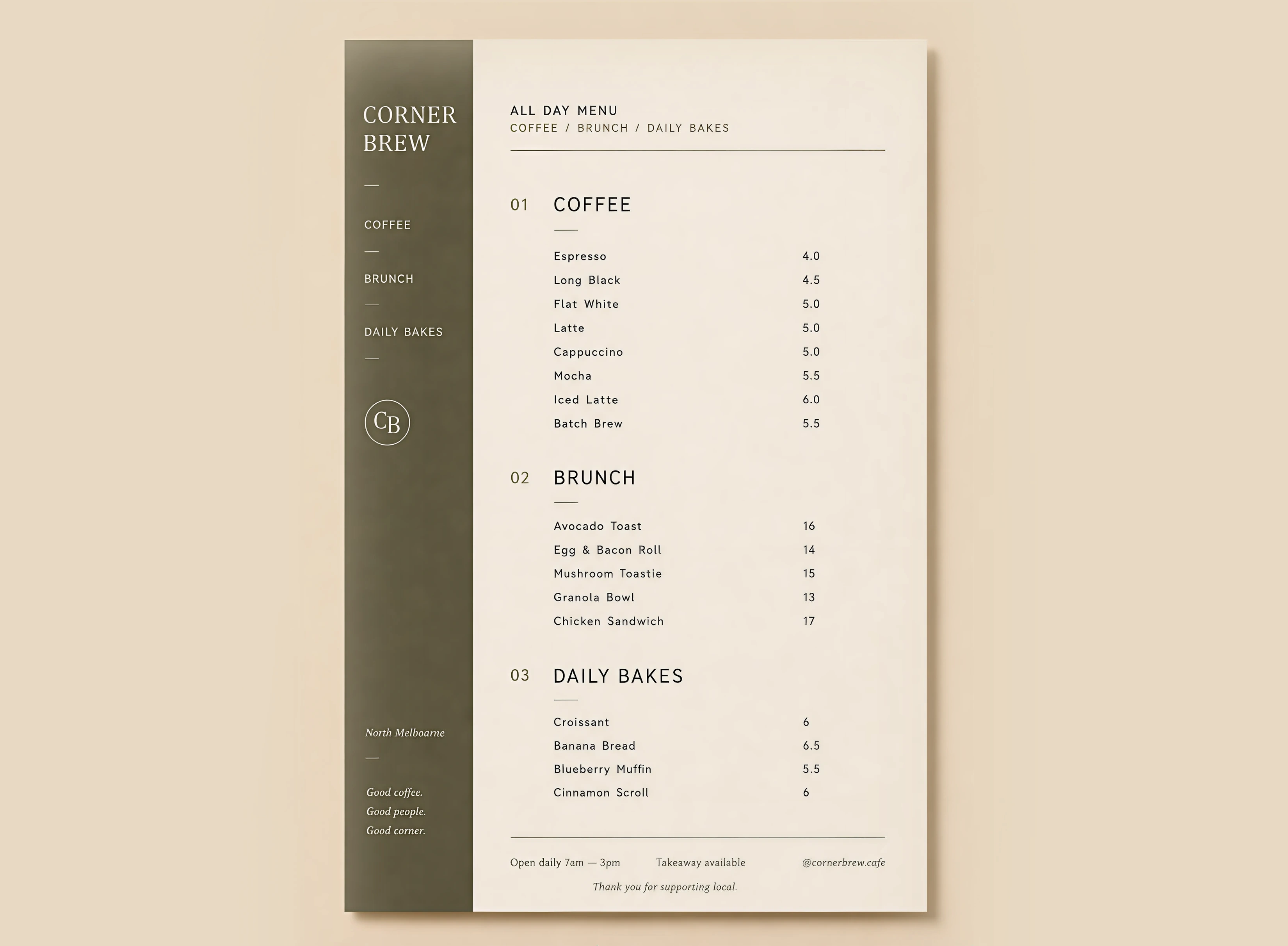 Corner Brew menu after sample visual direction