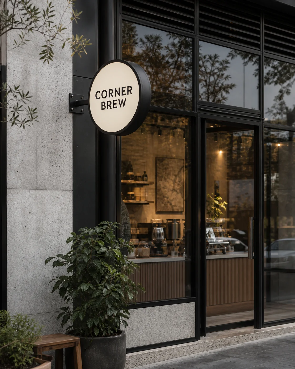 Corner Brew cafe storefront identity with round exterior sign