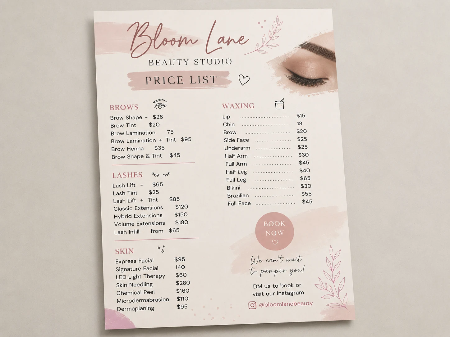 Original Bloom Lane Beauty Studio price list with soft pink decoration and mixed service price spacing
