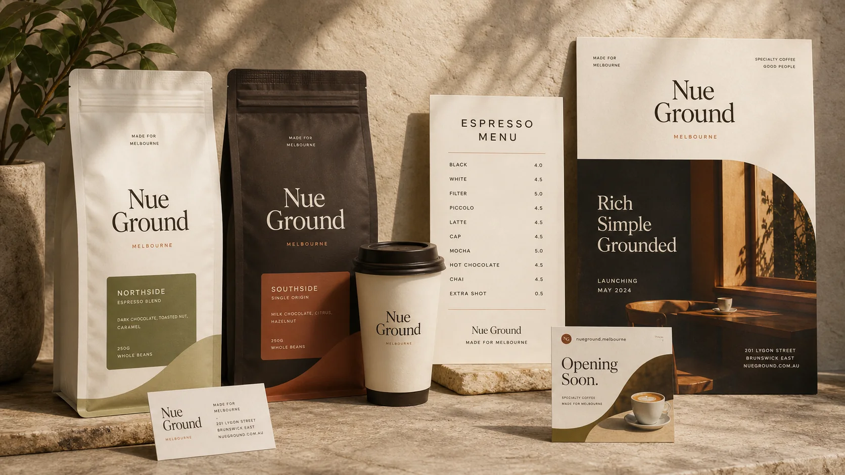 Nue Ground cafe identity system with coffee packaging, menu, cup and launch poster
