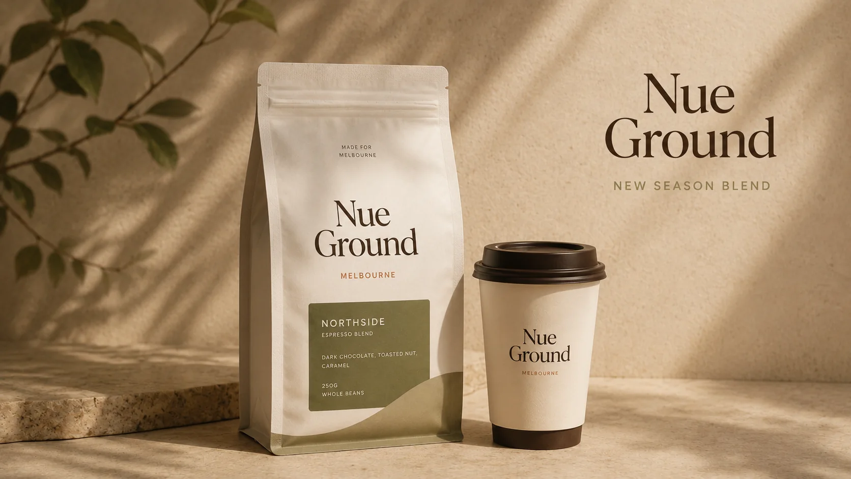 Nue Ground new season blend poster with coffee bag, takeaway cup and warm cafe shadows