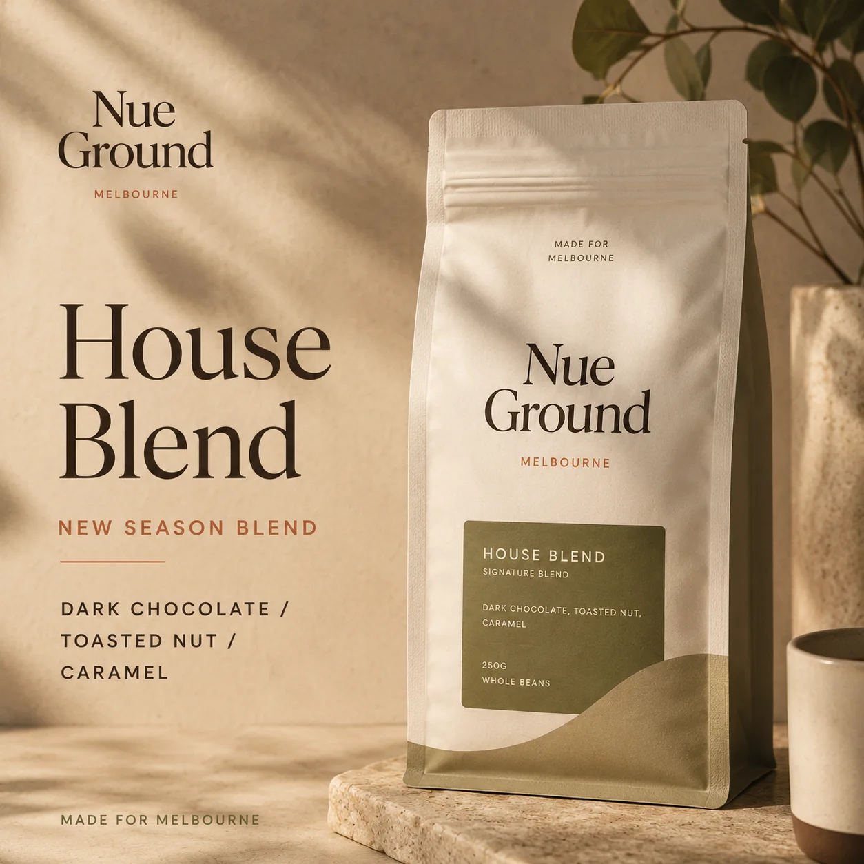 Nue Ground House Blend square social post with flavour notes