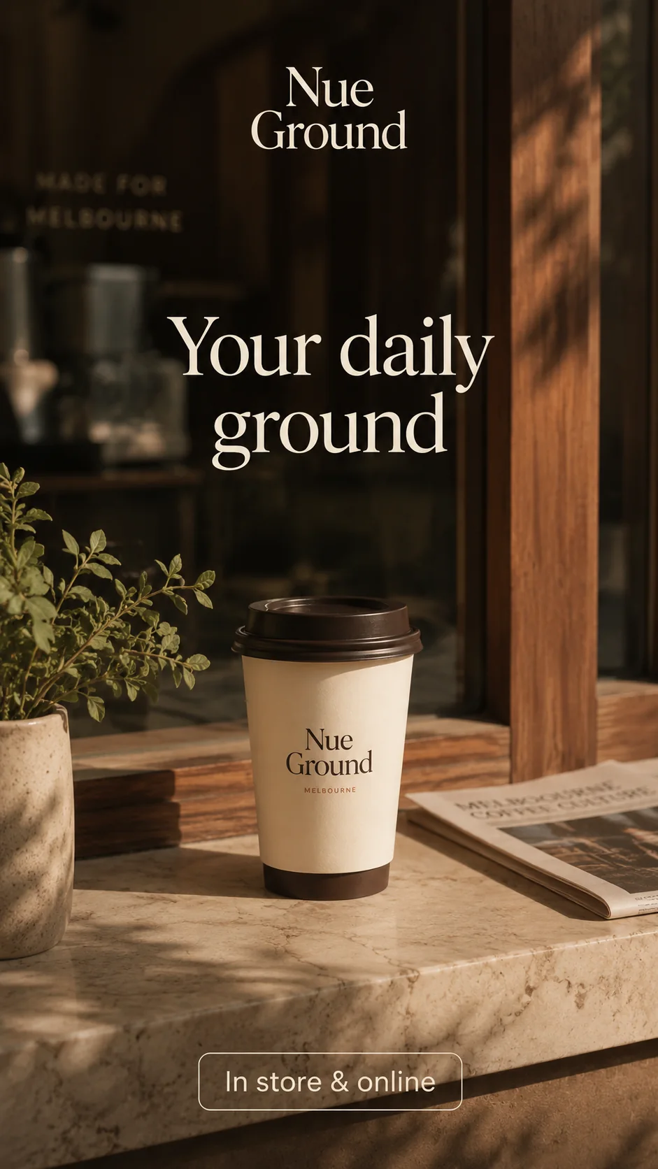 Nue Ground vertical story with branded takeaway cup and daily ground message