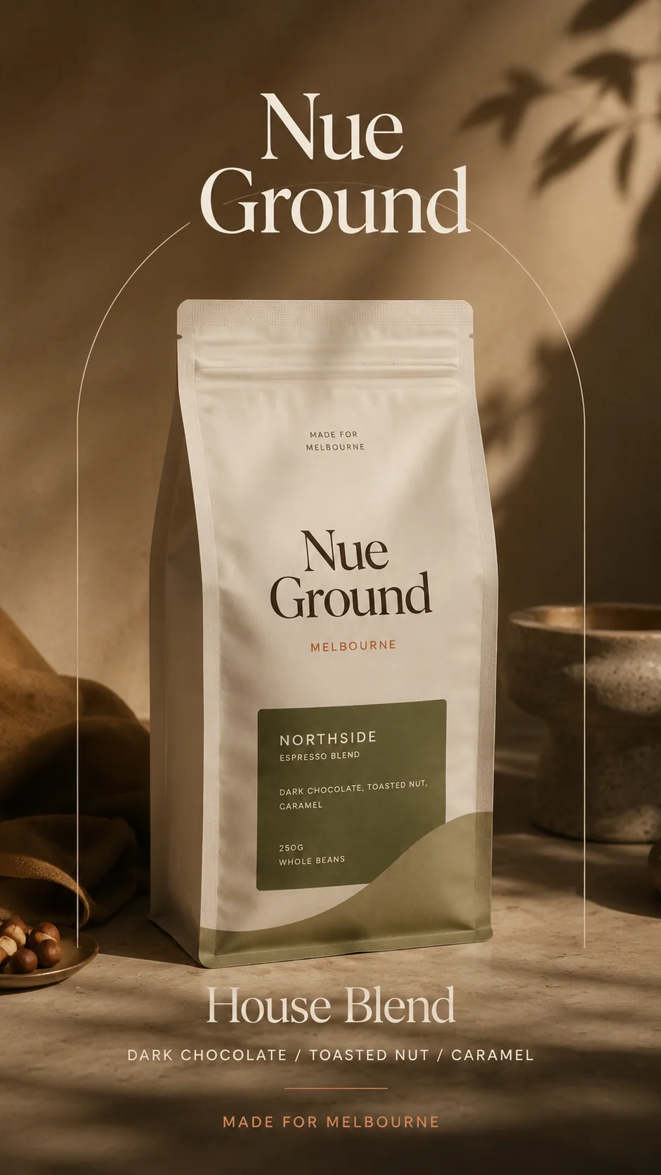 Nue Ground vertical story showing House Blend coffee bag