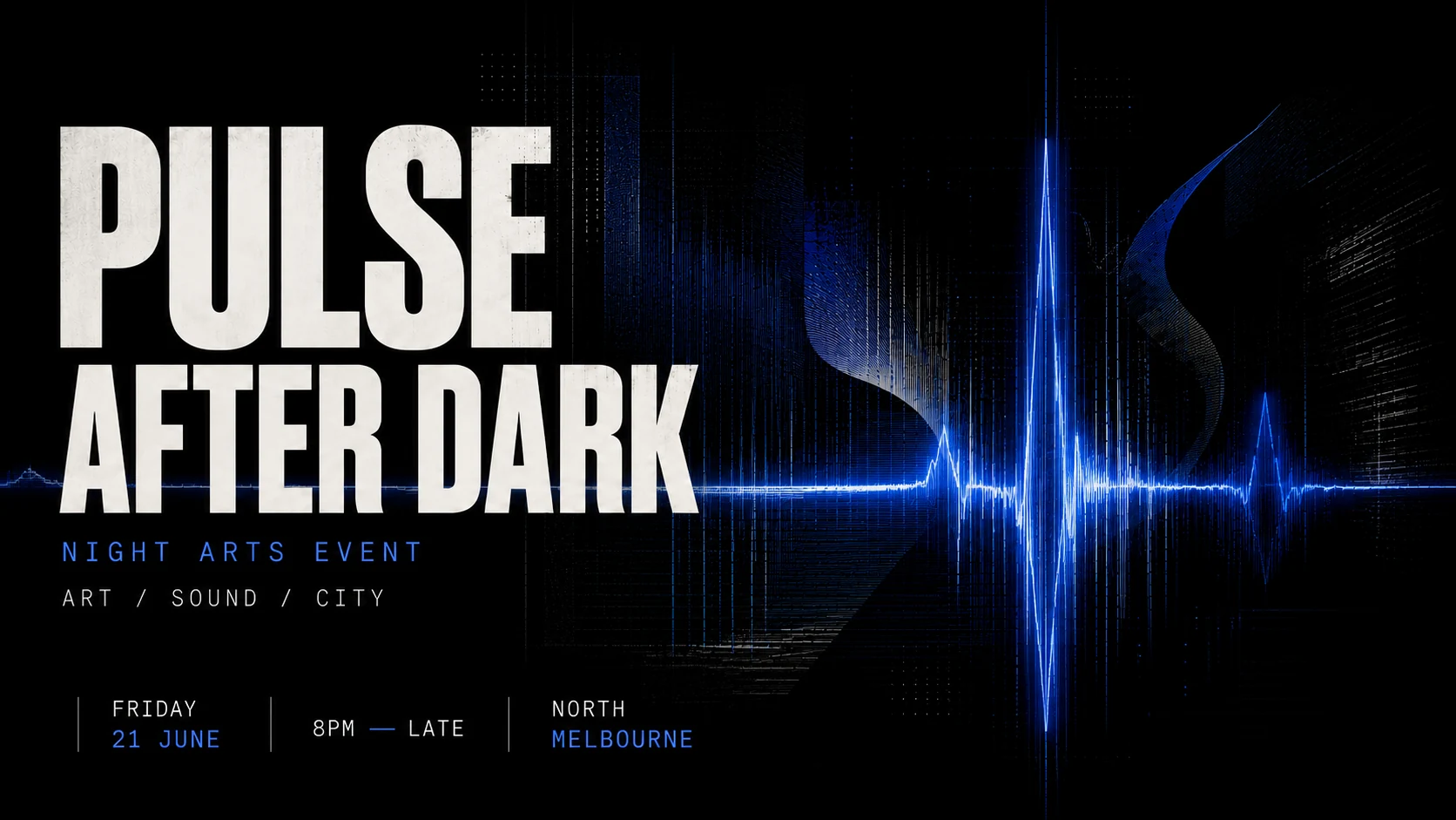 Pulse After Dark event campaign key visual with electric blue waveform