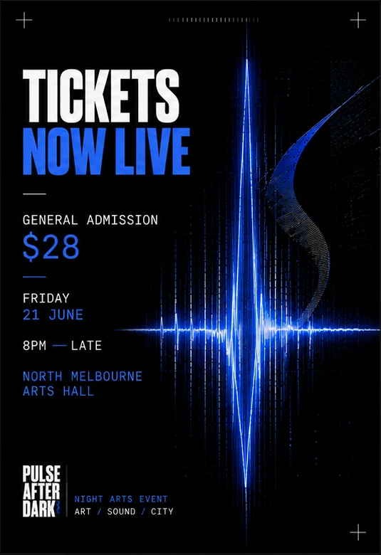Pulse After Dark ticket sales poster with price, date and location