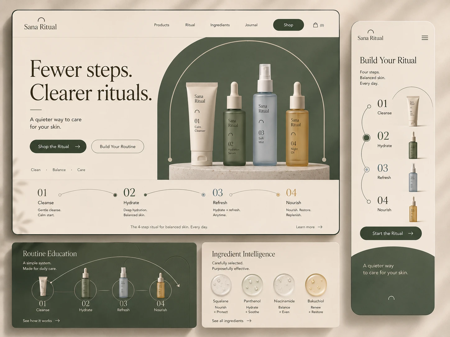 Sana Ritual website hero direction with product lineup, routine path and mobile layout