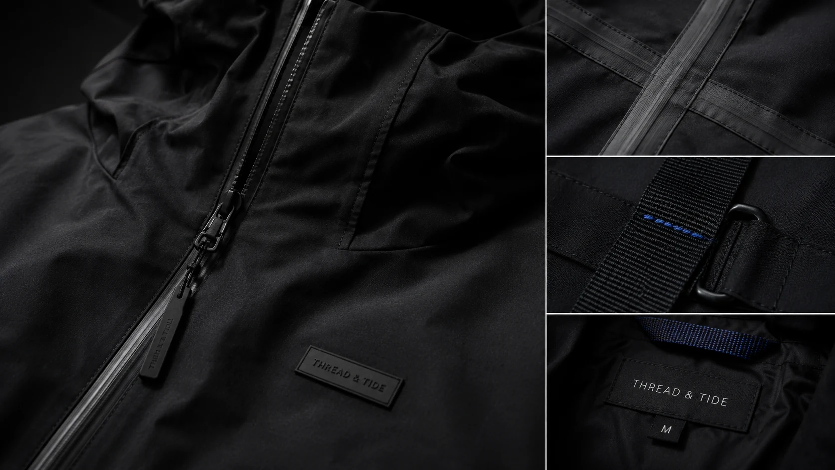 Thread and Tide technical garment detail system with zipper, seam and label close-ups