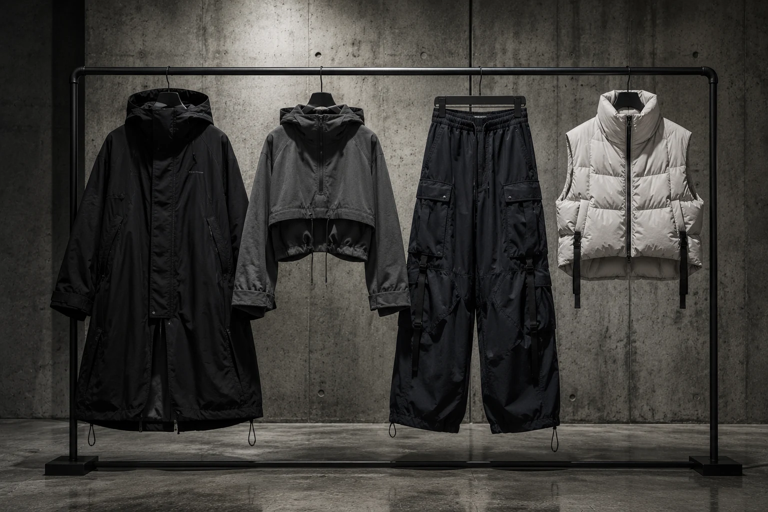 Thread and Tide four piece garment lineup on a black rail